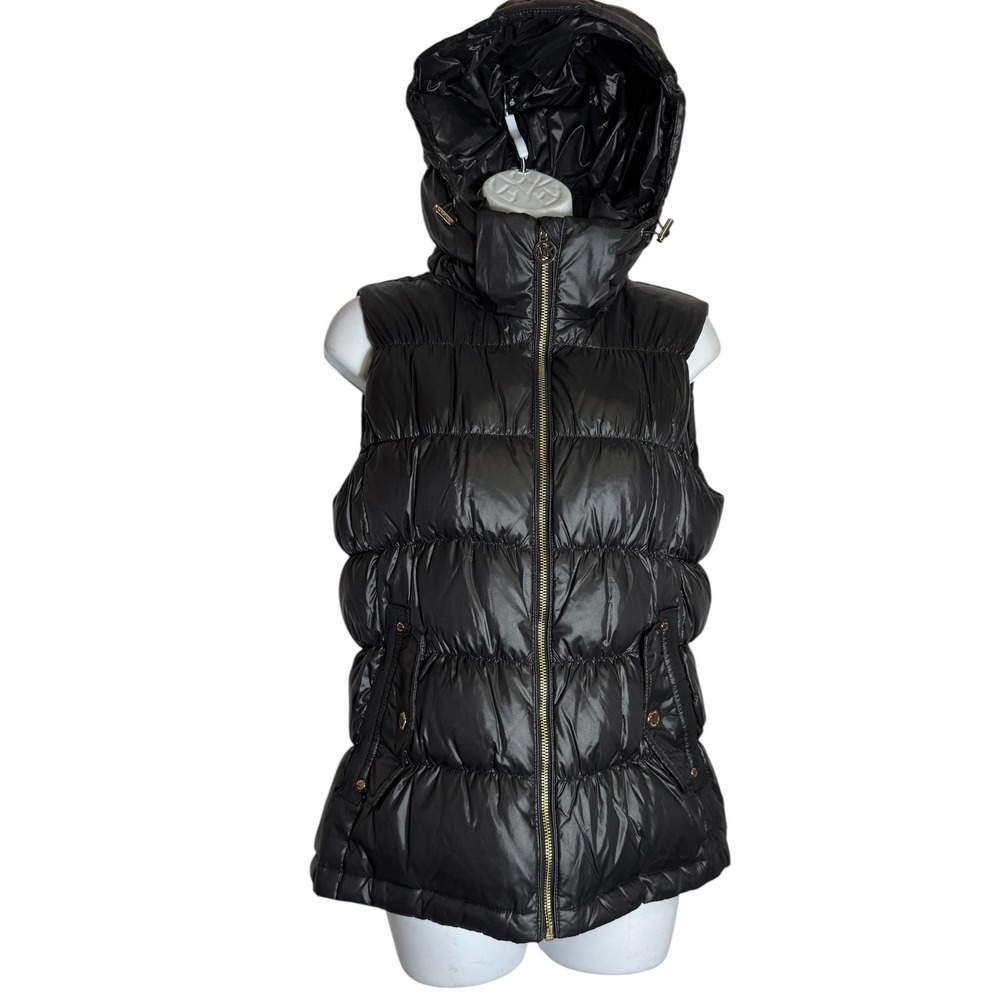Michael Kors Womens Black Puffer Vest Full Zip Sleeveless Hooded Jacket S